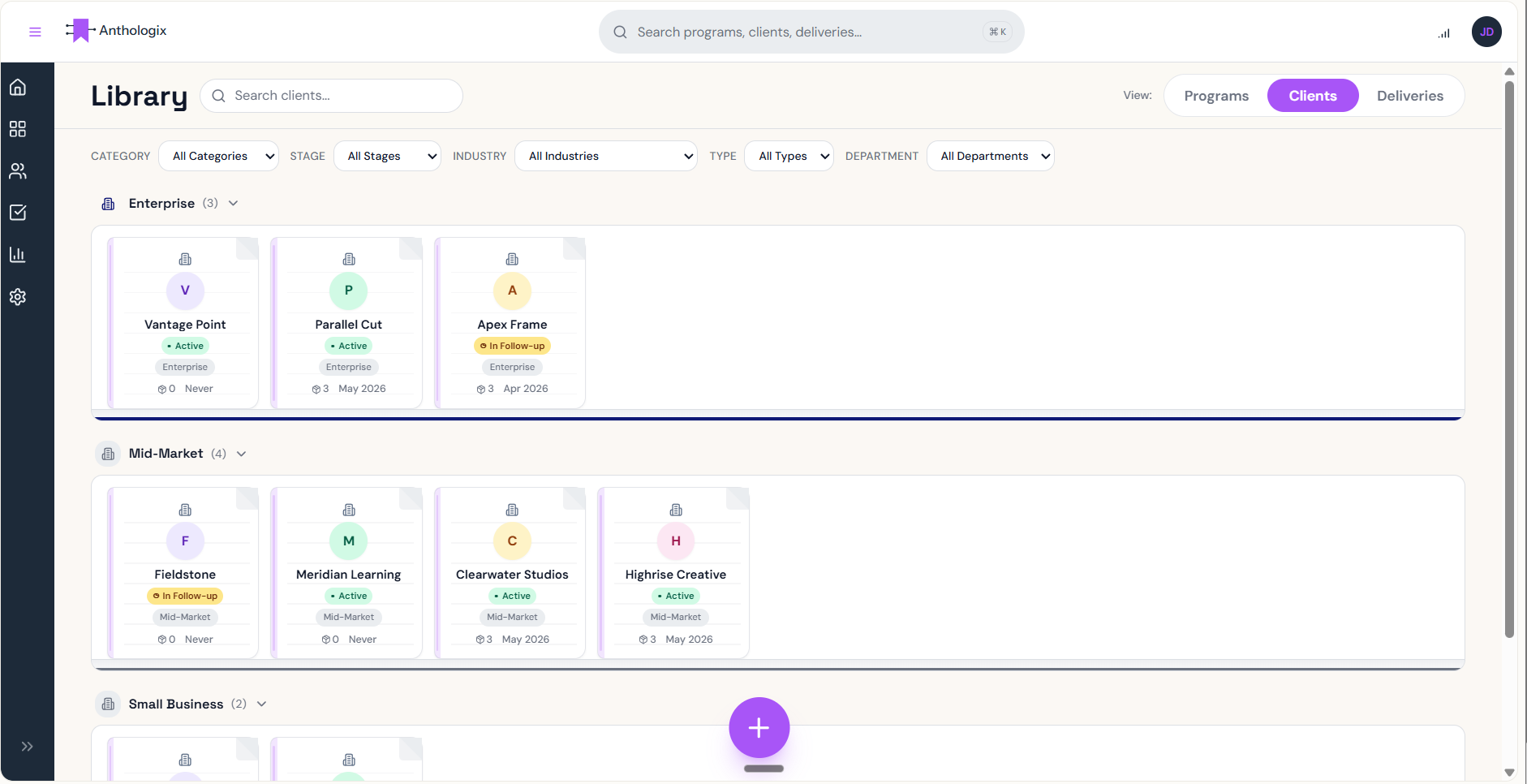 Client canvas view showing client cards grouped by category
