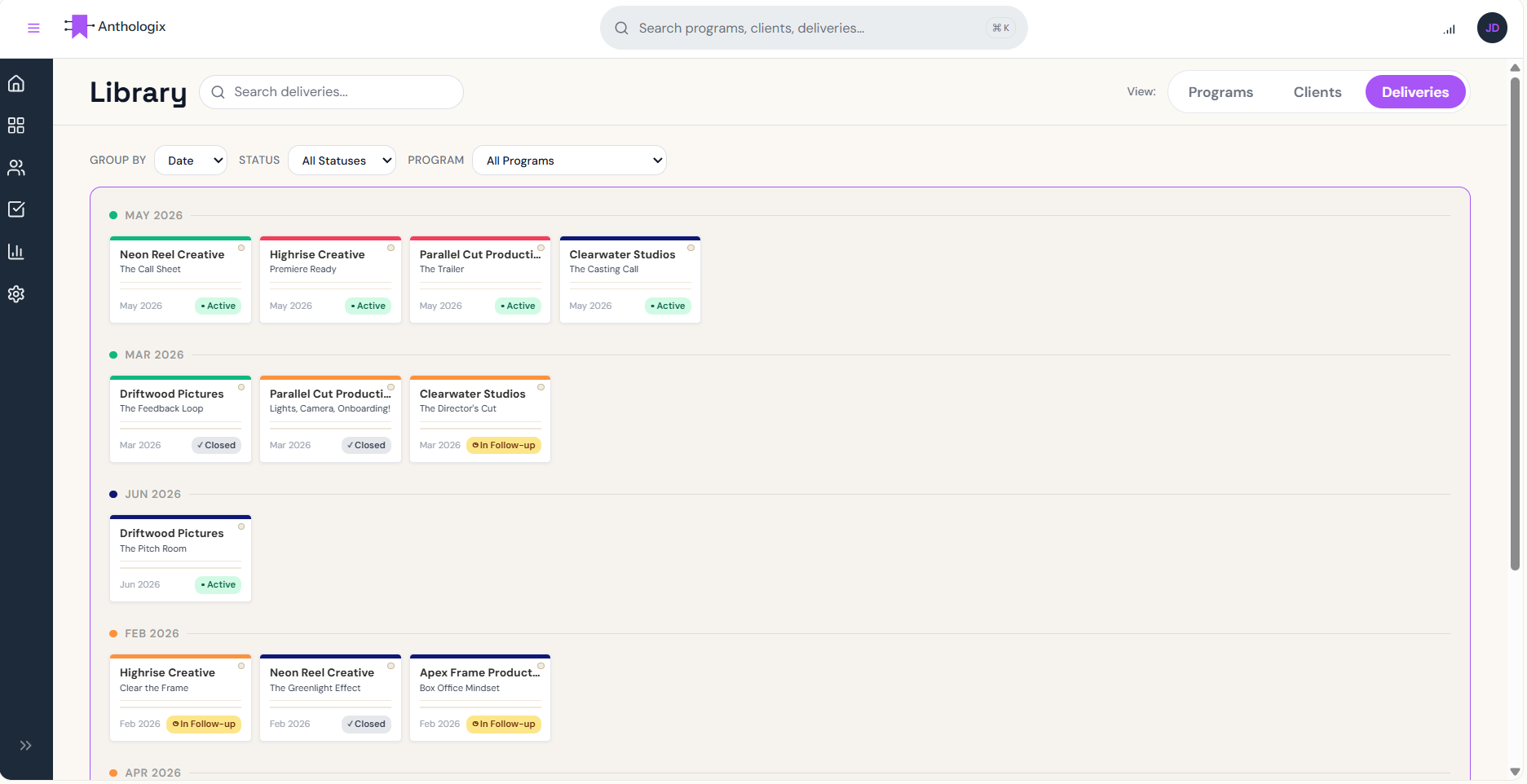 Delivery catalog view showing deliveries grouped by date